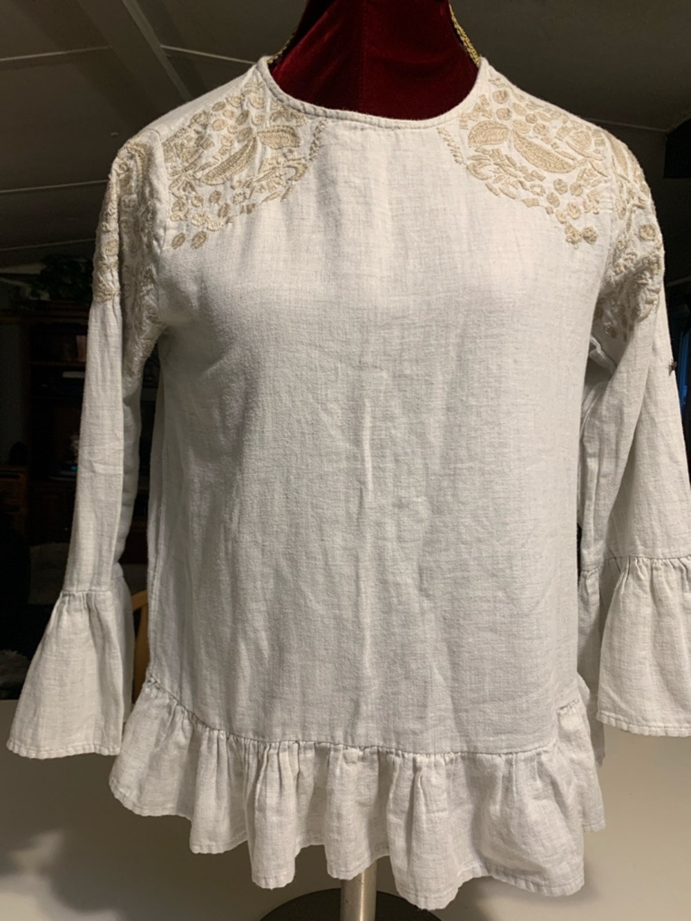 Zara Cream Embroidered Ruffle-Hem Long Sleeve Blouse